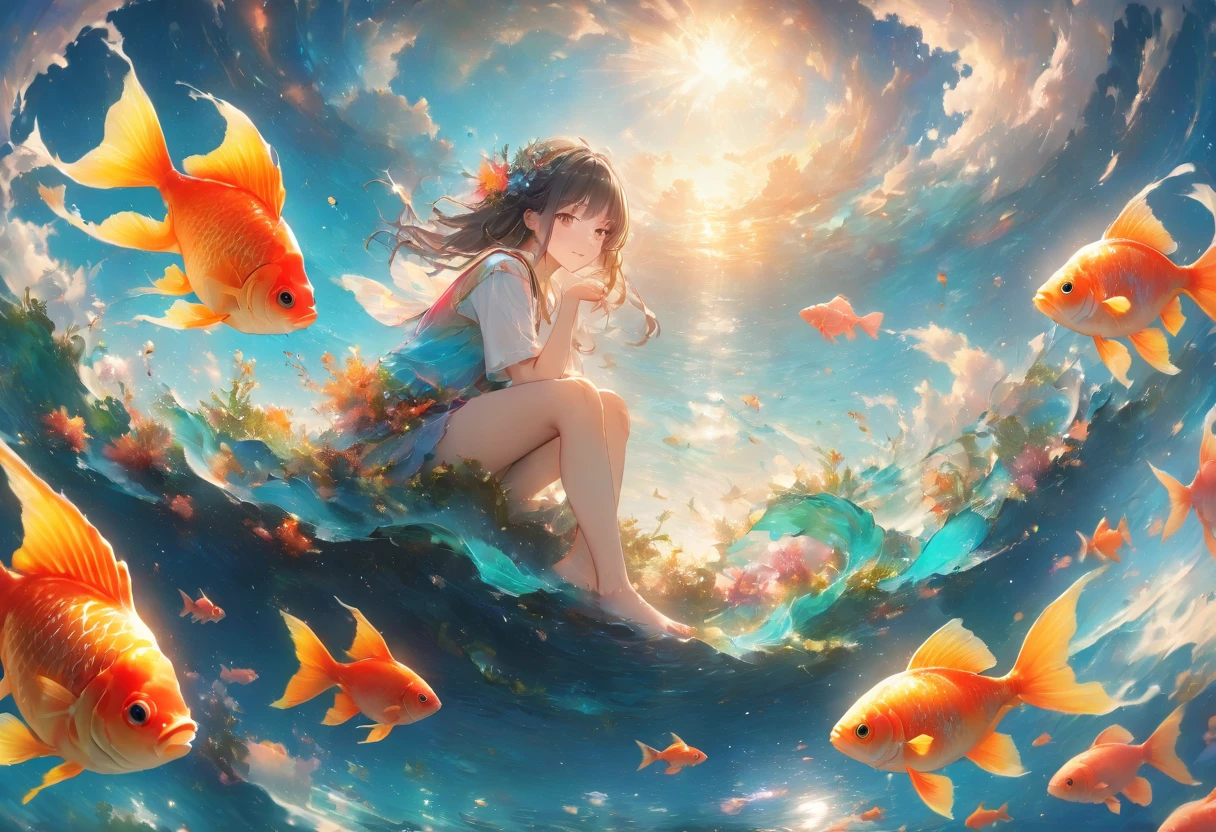 (UHD:1.2, masterpiece:1.1, best quality:1.3, award winning, 8k, high details:1.3), Giant Goldfish:1.3, Giant Goldfishに乗って空を飛ぶ中性的な少年:1.5, The facial features are clearly:1.2, Wearing colorful clothes that flutter like goldfish fins, barefoot, Through the sea of clouds:1.1, Be enchanted by the fantastic colors and scenery:1.2
