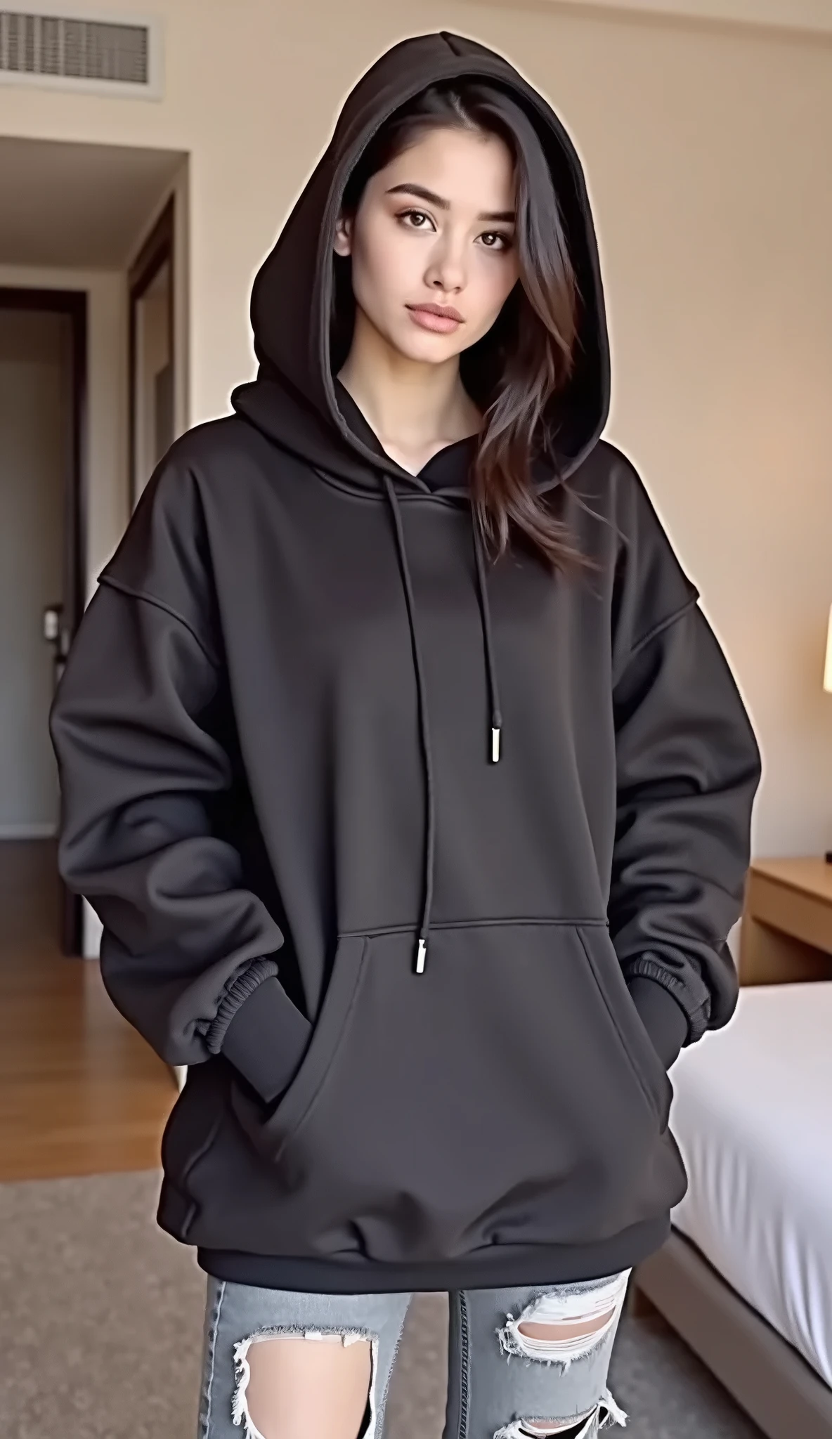 Arafed woman in a black hoodie standing in a bedroom - SeaArt AI