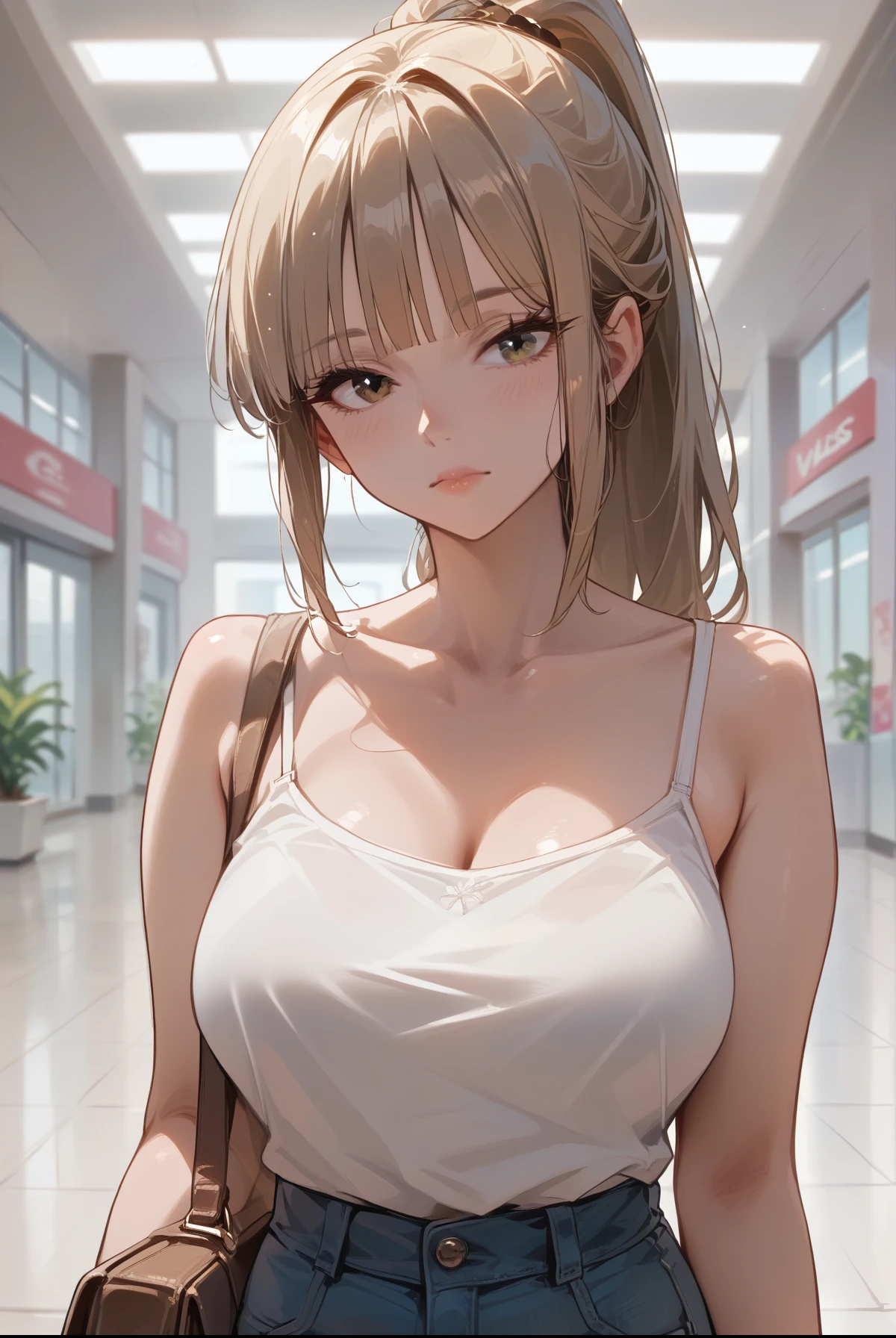 score_9, score_8_up, score_7_up, score_6_up,masterpiece, best quality, intricate details, 1girl, solo, mature female,light brown hair,blunt bangs, high ponytail, upper body, (large, curvy breasts), slim waist, fair skin, slender body, white camisole, jeans, inside of a mall,fingernails, 