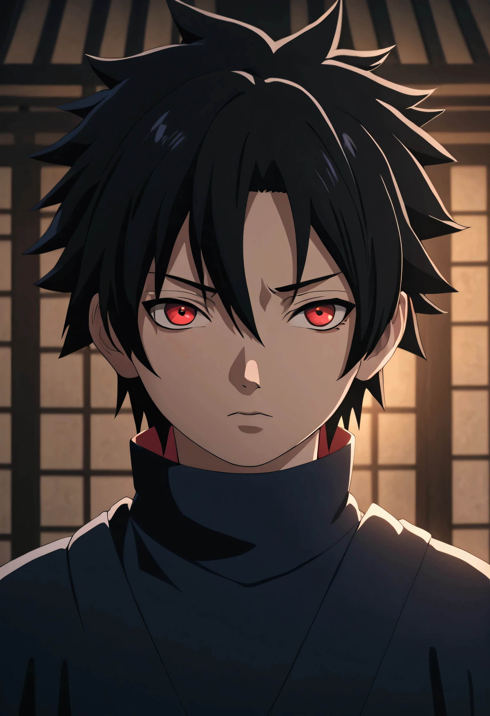 A young  genin boy with black hair, piercing red eyes, arrogant, selfish, wearing the traditional clothing of the Uchiha clan, highly detailed portrait, award winner, cinematic lighting, dramatic pose, intricate details, 8k, photorealistic, masterpiece