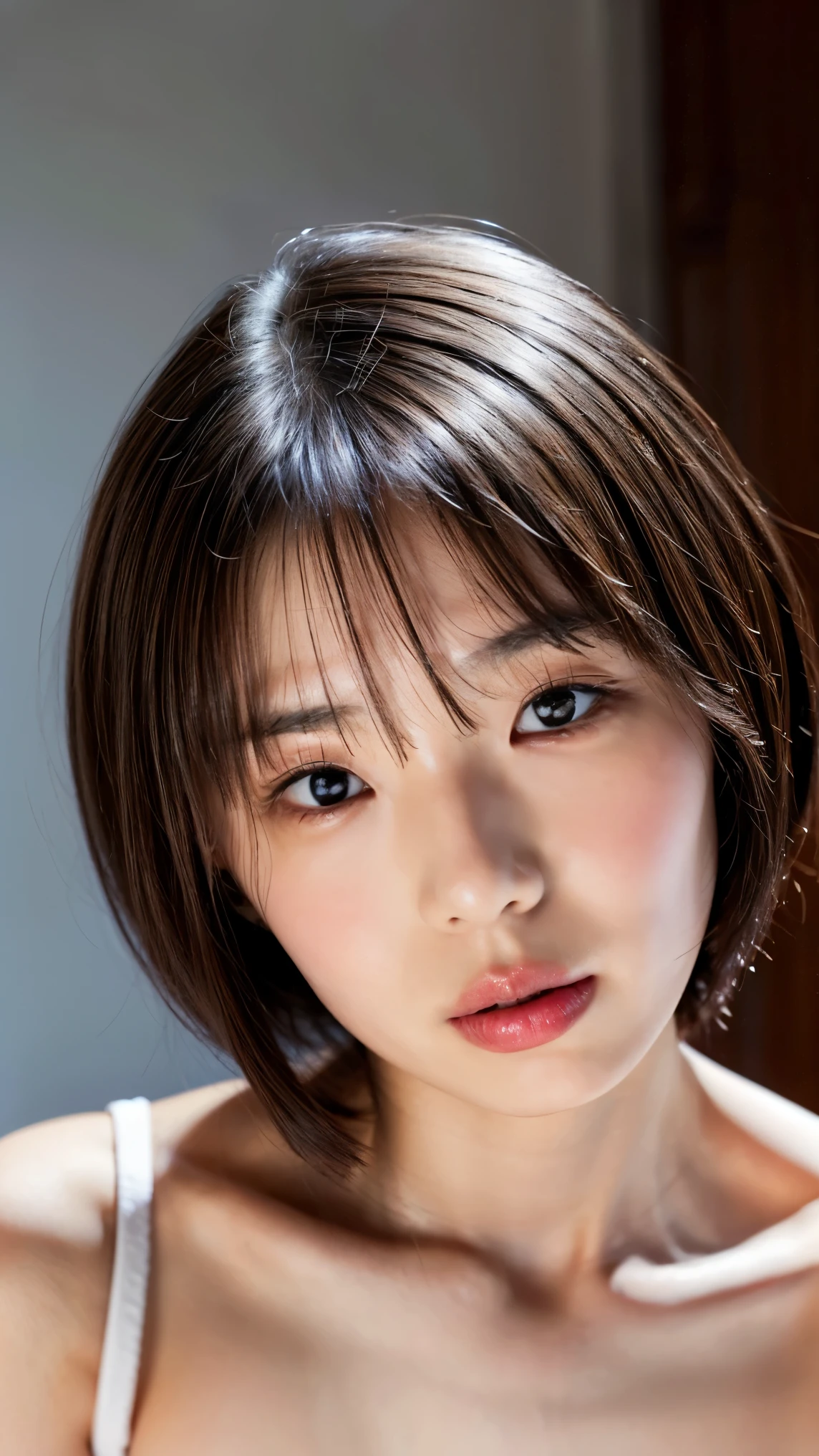 ((Petite women, Sensual woman, No makeup, 柔らかい笑face)), (((Small eyes, length, Narrow eyes, Black Hair, Short Bob Hair))), (Full body portrait, Short Hair, , Wearing a white T-shirt, Protruding , Thick pubic hair), White skin, Glossy pale lips, skinny, Body Type, Delicate and  collarbone, Best Quality, RAW Photos, Realistic, face, so beautiful, cute, Depth of written border, High resolution, 超detailed, detailed, Very detailed, extremely detailed eye and face, Sharp pupils, Sharp focus, Cinema Lighting