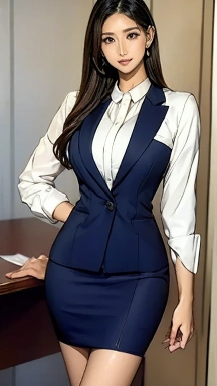  Arabian Asian woman wearing a short skirt and white shirt posing at a desk, Office Clothes, Wearing a suit, Smooth legs, At the office, Elegant legs, ビジネスWearing a suit, Slim girl model photo, On the desk, Tight clothing, Long legs, Very beautiful slim legs, Dress neatly, At the office, Businesswoman 