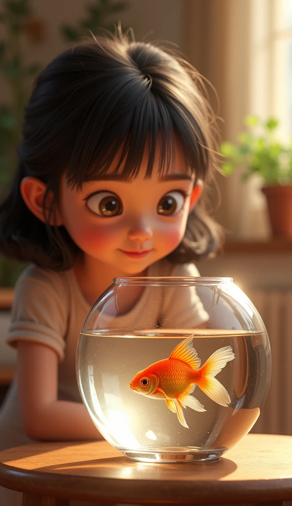 bioluminescent angler fish on a girl's hand, detailed angler fish in a glass fish tank with house background, sunlight rays from window, beautiful detailed eyes, beautiful detailed lips, extremely detailed eyes and face, long eyelashes, photorealistic, 8k, ultra-detailed, realistic, HDR, professional, vivid colors, studio lighting, physically-based rendering, concept art