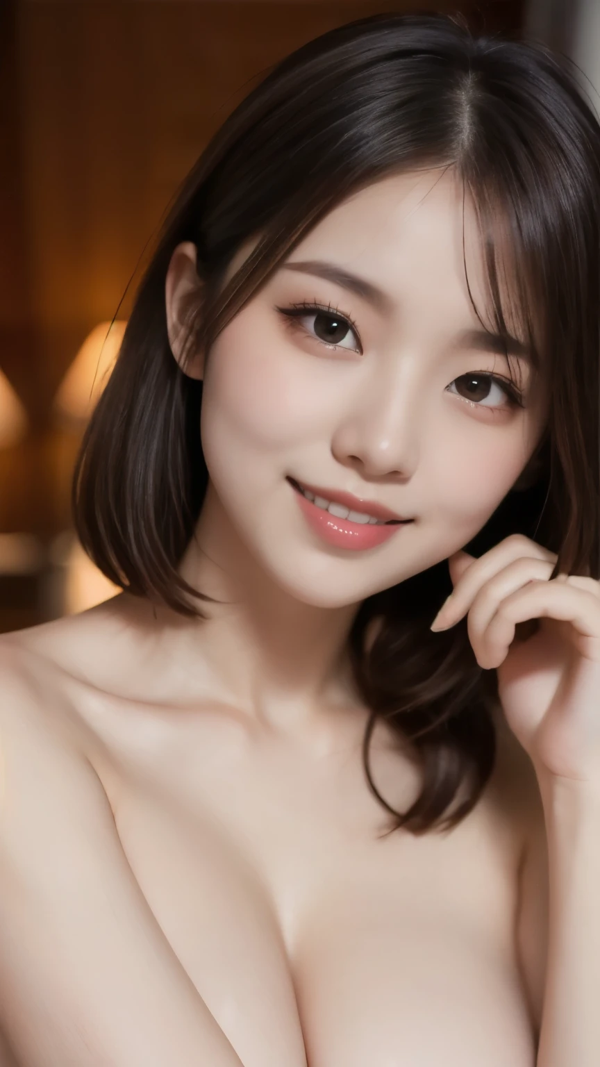 8k、Best Quality、(masterpiece:1.2)、(Real)、(Real:1.37)、Ultra-high resolution、One female college student、Droopy eyes、Beautiful teeth alignment、smile、Well-formed fingers、bedroom、(((nude)))、Big Breasts、Perfect Body、Perfect Fingers、Beautiful Skin、Professional Lighting、gravure、Detailed face and skin texture、Fine particles、RAW Photos