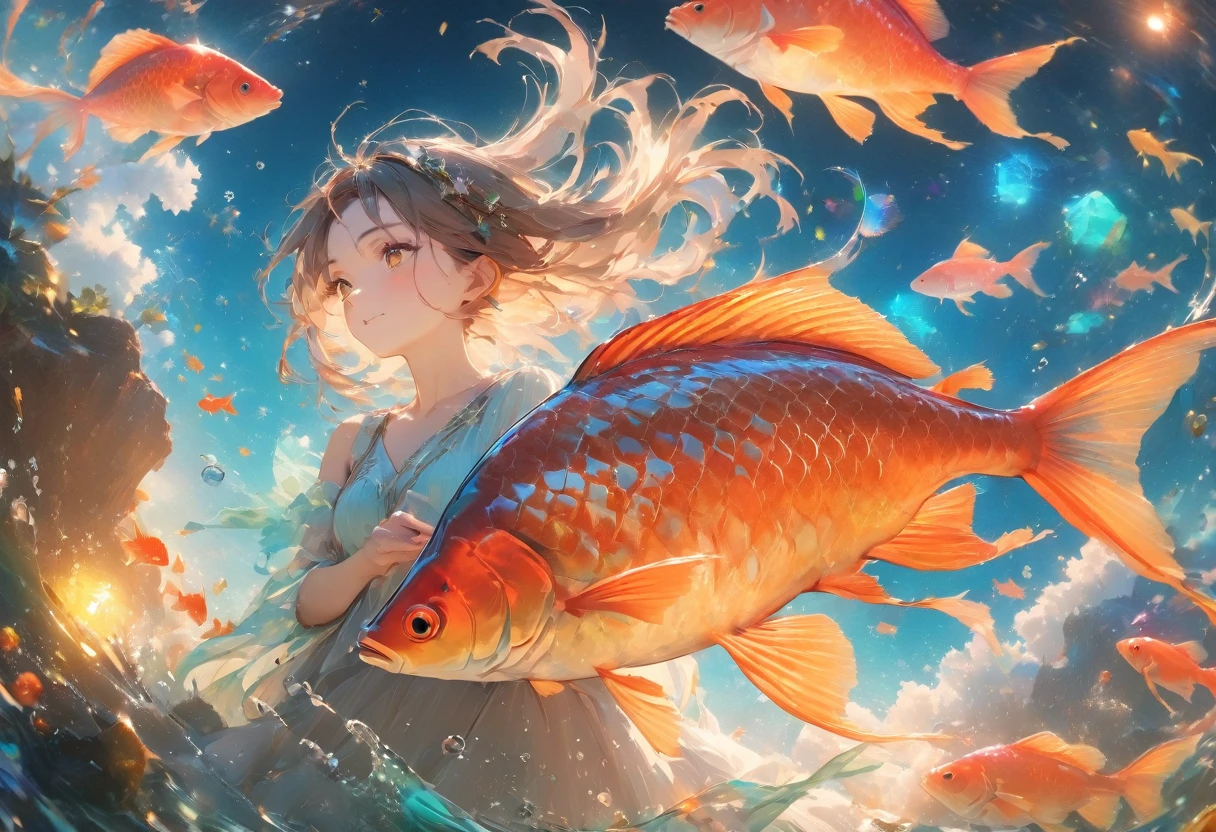 (UHD:1.2, masterpiece:1.1, best quality:1.3, award winning, 8k, high details:1.3), Giant Goldfish:1.3, Giant Goldfishに乗って空を飛ぶ中性的な少年:1.5, The facial features are clearly:1.2, Wearing colorful clothes that flutter like goldfish fins, barefoot, The colorful lantern lights flicker:1.2, Be enchanted by the fantastic colors and scenery:1.2
