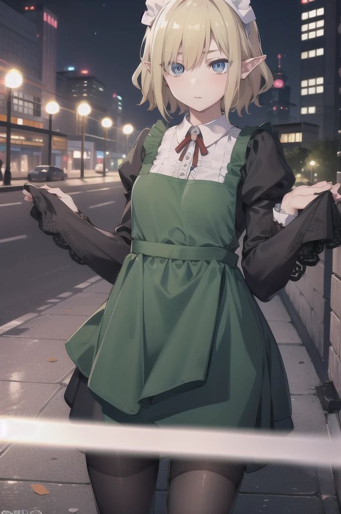 ryulion, ryu lion, blonde hair, blue eyes, elf, hair between eyes, pointy ears, short hair, (small breast:1.2),
BREAK apron, black pantyhose, dress, green dress, long sleeves, maid, maid apron, maid headdress, pantyhose, white apron,
BREAK looking at viewer,
BREAK outdoors, city,
BREAK (masterpiece:1.2), best quality, high resolution, unity 8k wallpaper, (illustration:0.8), (beautiful detailed eyes:1.6), extremely detailed face, perfect lighting, extremely detailed CG, (perfect hands, perfect anatomy),