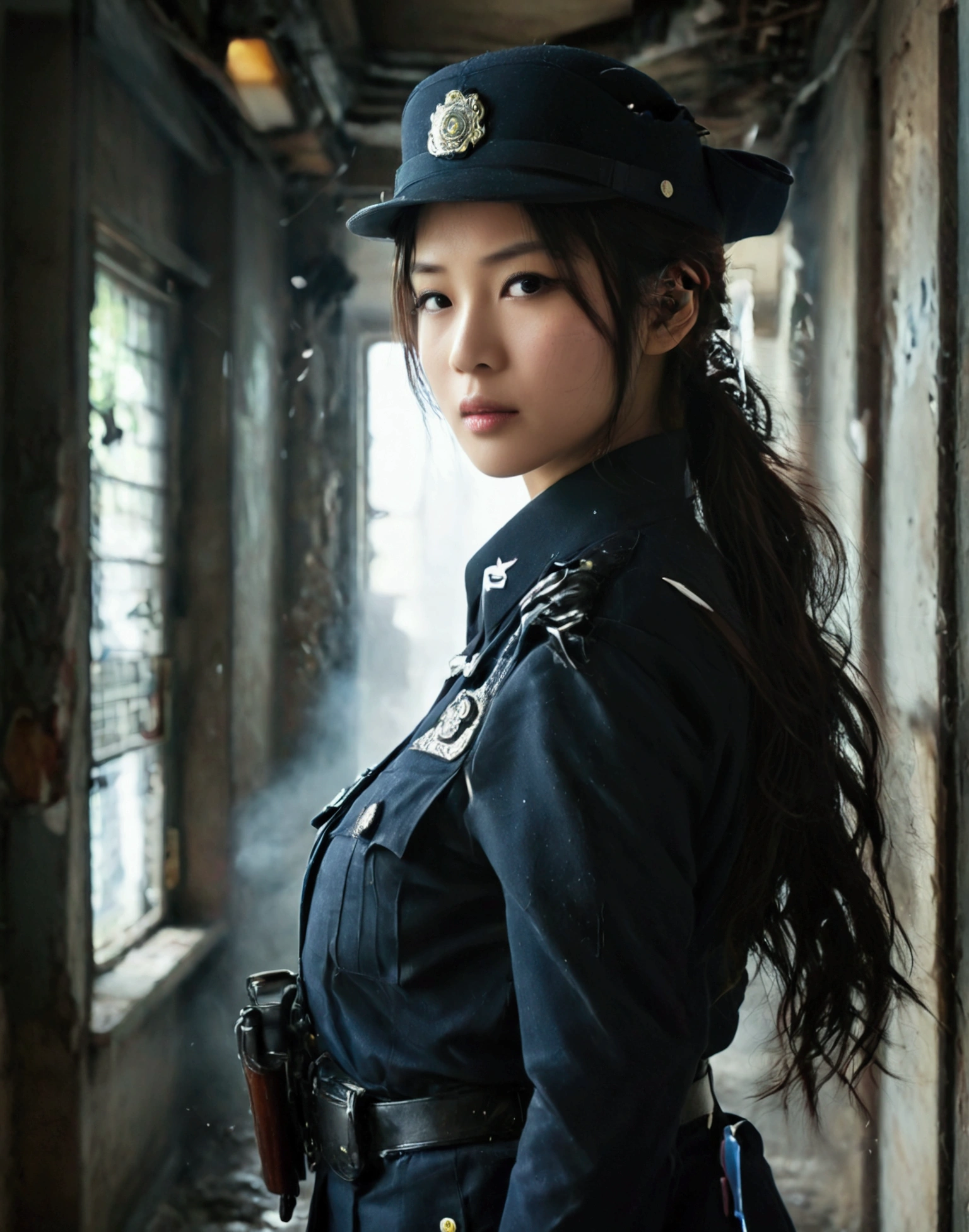 ((( Full body ))) a beautiful japanese wearing traditional Japanese police uniform, woman police officer, 1girl, detailed face and eyes, long flowing hair, dimly lit hallway, standing position, side arm drawn and pointed downrange, dust and debris falling, ominous dark figure lurking in background, (best quality,8k,highres,masterpiece:1.2),ultra-detailed,(realistic,photorealistic,photo-realistic:1.37),dramatic lighting,moody atmosphere,cinematic composition,dark and gritty,atmospheric,detailed textures,strong shadows