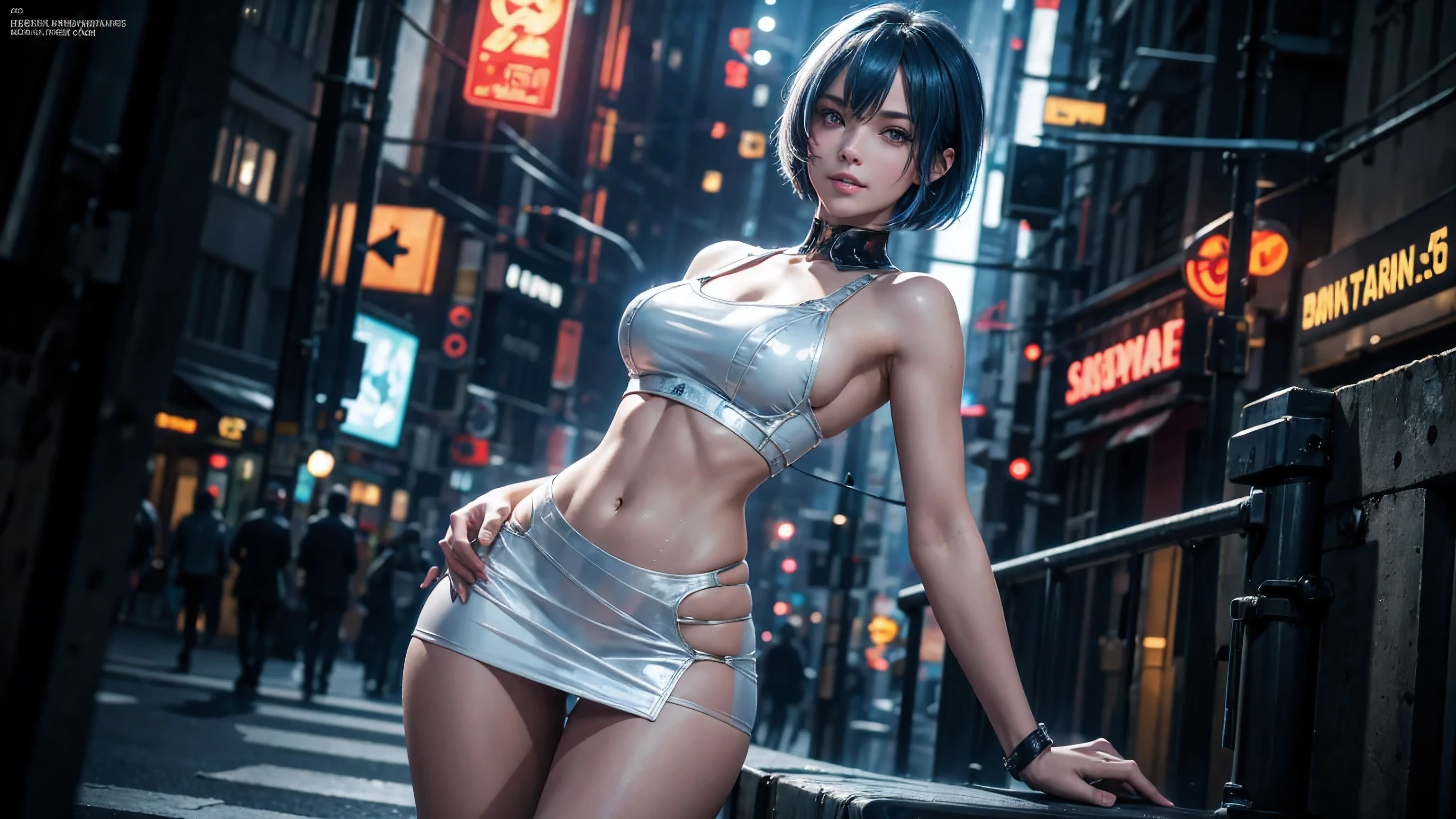 1women,  solo,  8K high Resolution,  Masterpiece,  Best Quality,  cinematic Light,   hips up,   Abs,  Perfect Figure,  Ultra Fine Face,  Delicate Lips,  Beautiful,  dewy skin,  blue bob haircut,   super fine hand,  fine finger,  cyber punk sailor uniform,  Transparent skirt,  bare shoulder,  detailed,  smiling,  Slim thighs,  Night,  street corner,  cinematic pose,  standing,  in front of a barricade