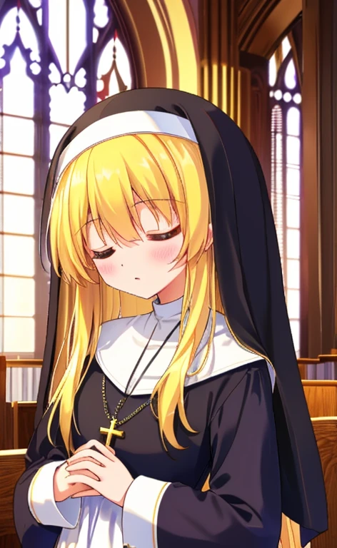 Beautiful long blonde girl　Close your eyes　Long sleeve, Nuns, habit, Nuns, habit, dress,  long dress, Catholic;　church　Offer a prayer　Cross Necklace