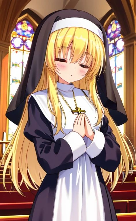 Beautiful long blonde girl　Close your eyes　Long sleeve, Nuns, habit, Nuns, habit, dress,  long dress, Catholic;　church　Offer a prayer　Cross Necklace