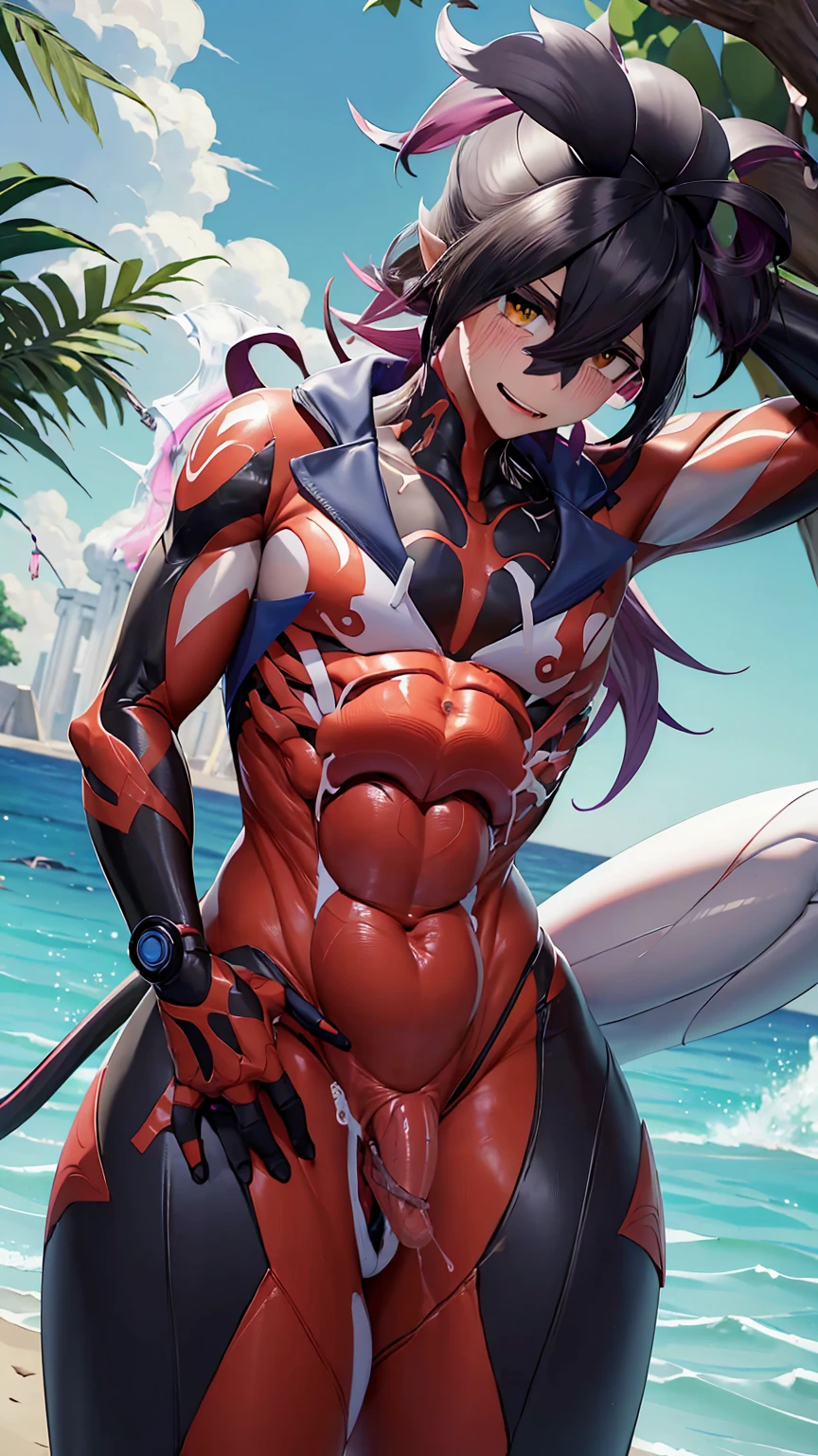 Highest quality,Anatomical,Huge muscles,currant,KieranSuguri,human,Shota,Toned Muscles,A suit ripped to shreds,Huge erect penis,A lot of clear fluid coming out of the penis,Robot anime style clothing,blushing shyly,salute,Crying face enduring pain,