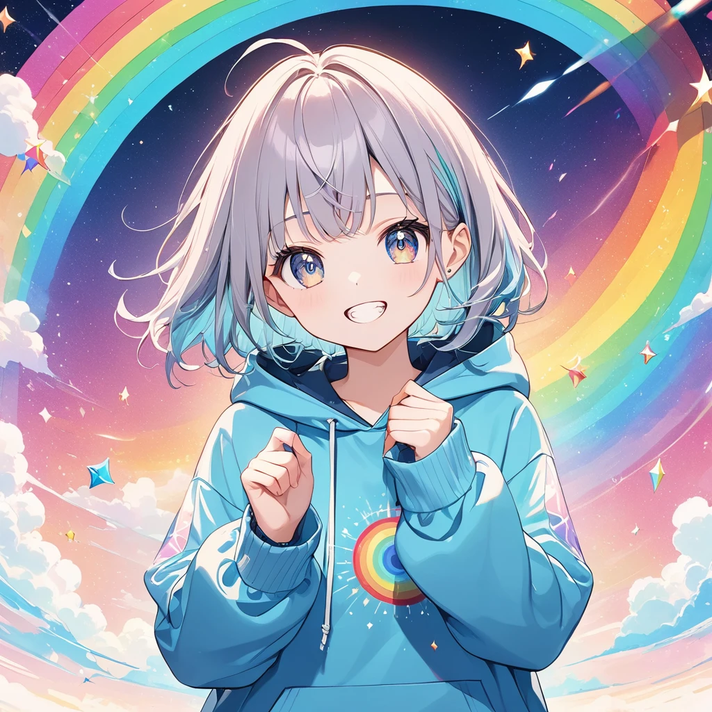 Winkをしている女性,Wearing a hoodie,Moe Sleeve Hoodie,Cutesy pose,Photo shoot pose,Wink,Shining Eyes.Glowing eye highlights,Sparkling,As pretty as a jewel,Jagged teeth,Innocent, the background is bright,Rainbow,Geometric patterns,Radial Anime,pale colour,Official illustration style,A masterpiece seen from the front,Best Quality,Exquisite,8k,Absurd,Ultra-detailed illustrations,(Watch the audience)