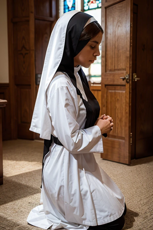 (best quality,4k,highres,masterpiece:1.2),ultra-detailed,(realistic:1.37)
A Catholic nun kneeling in prayer in front of a large crucifix, expressing the intensity of the moment and the depth of her devotion.
religiosity,holy atmosphere,pious devotion,vibrant faith,vivid emotions,serene expression,tranquil ambiance,sacred atmosphere,solemn moment,spiritual connection,worshipful,faithful,theological,prayerful,stained glass windows,candlelight flickering,golden rays of light,pure white habit,rosary beads in hand,gentle shadows,peaceful silence,distinguished facial features,expressive eyes,humbleness,deep spirituality,sublime composition,realistic rendering,breathtaking details,textured brushstrokes,dramatic lighting,majestic presence,holy sanctuary