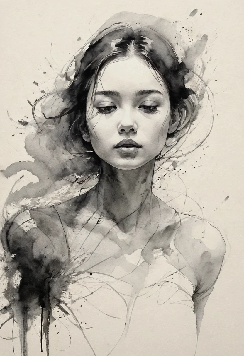 (Best Quality, High resolution, masterpiece:1.2), Very detailed, Realistic:1.37, Black ink sketch, Smooth lines, Expressive and poseable, Minimalist Background, Emphasis on light and shadow and spatial perception, Plenty of negative space, Young girl.Ink portrait,Smooth flowing lines,Expressive facial features,Delicate emotions,Ink contrast,Simple Background,Emphasis on light and shadow,Size,Plenty of negative space,Peaceful atmosphere,Serene atmosphere,Dreamy feeling,Subtle yet captivating details,Calm colors,Calm and introspective,Graceful posture,Gentle Movement,Kind and innocent,A whisper of elegance,Quiet elegance,radiant glow,Sublime Beauty,Vector illustration,Black and White,Natural and organic,Upbringing、Calm down,Sublime simplicity,Mysterious charm.