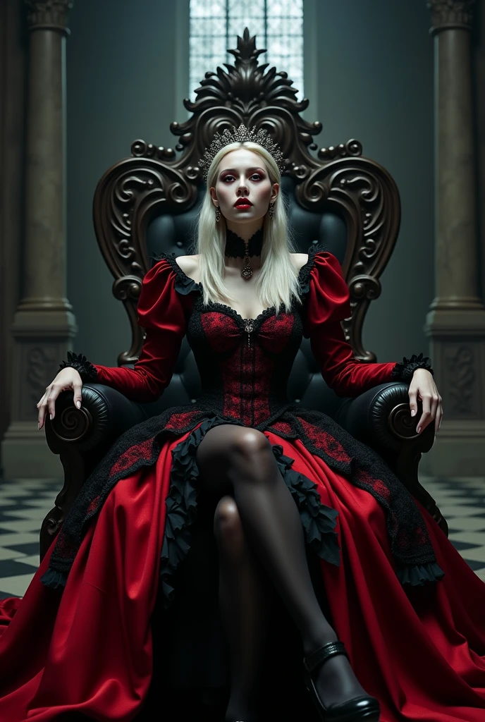 RAW Photos,black light, hair blonde, blonder woman, dark surroundings, Dark masterpiece, mulher fair brown-skinned, SITTING ON A THRONE, throne with thorns, black roses, woman in black dress, posing photo, long hair, hair blonde, black witchcraft, red geometric shiny background, full body size, Eastern fantasy theme, Eyes red, underworld, cold stare, Dark clothes, long and tight, fair brown-skinned, color classification, dark illustration, extreme quality, Radiant, extremely detaild, Face ultra detailed, ultra hd 8k, ultradigitality, mythical, black lightning, Conceital Art Portrait of Greg Rutkowski, artgerm, hyperdetailed, intricately detailed Gothic art, dark gothic fantasy style, triadic colors, Fantastic, intricate-detail, opening screen, colors complementary, fantasy concept art, 8K resolution, masterpiece of gothic deviantart, Heavy strokes, soft lighting, Surrealism