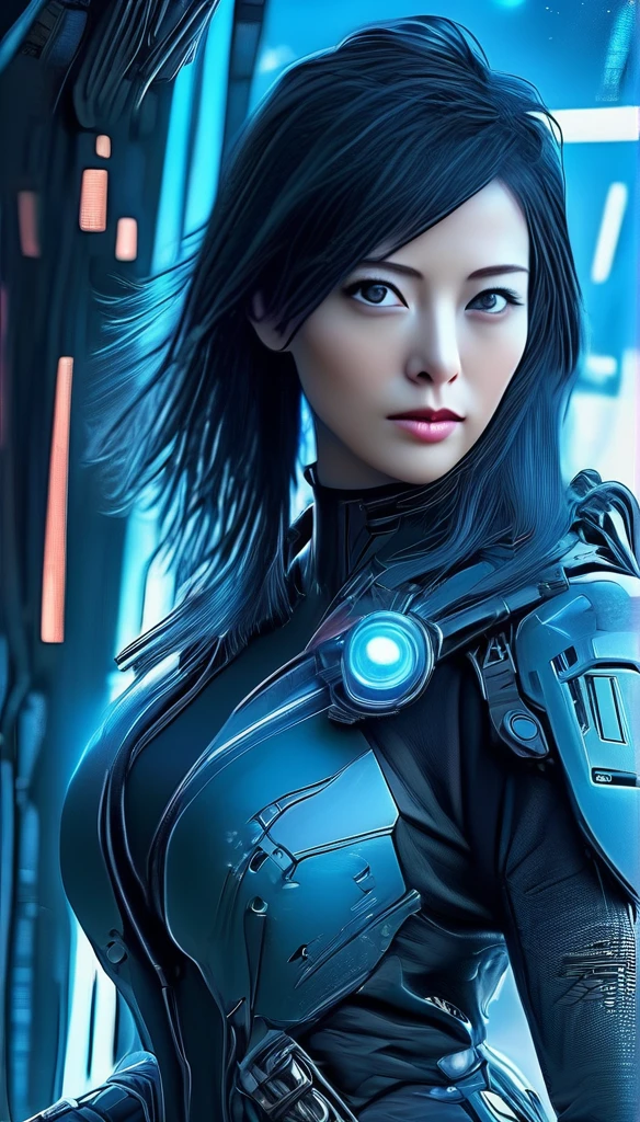 Best image quality, Excellent details, 超High resolution, (realism: 1.4), Best illustrations, , high density，A woman wearing cyber armor, (((She has a beam rifle))), Cyberpunk Android，Full body photo, Superior quality through precise drawings, 8k,Sparkling blue eyes,  High resolution, 超High resolution, Best Quality, Shortcuts, Cinematic Lighting Effects, 未来的な美しいBlack Hairの女性, Sparkling blue eyes, Cyberpunk style woman, (((High tech spaceship interior with blue light illumination))), High-quality images、Black Hair, Shortcuts, Large Breasts, Unreal Engine,