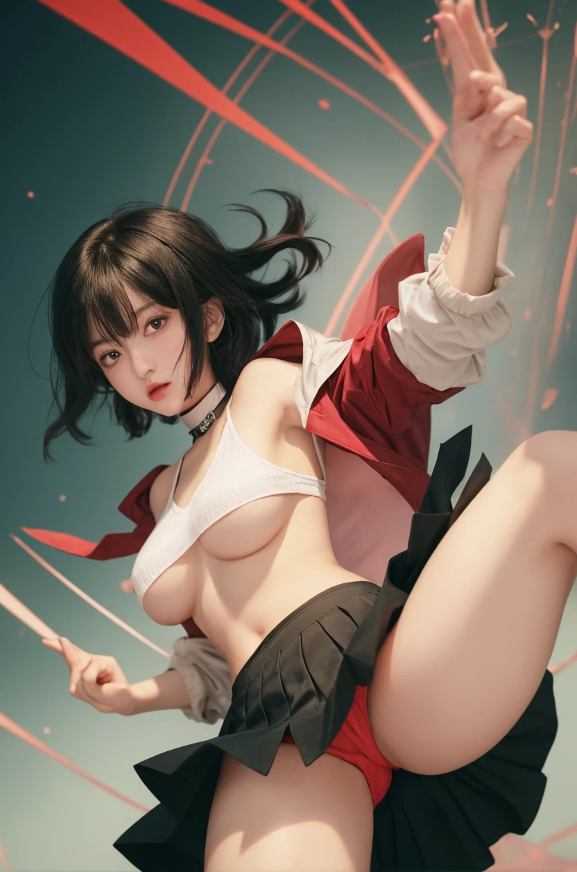 Reimu Hakurei nude, completely nude, ((bangs, ponytail, red tubes on her bangs, red ribbon)), medium_breasts, seductive smile, confident, looking at the camera 16 years old, Selfie, 1girl, solo, naked