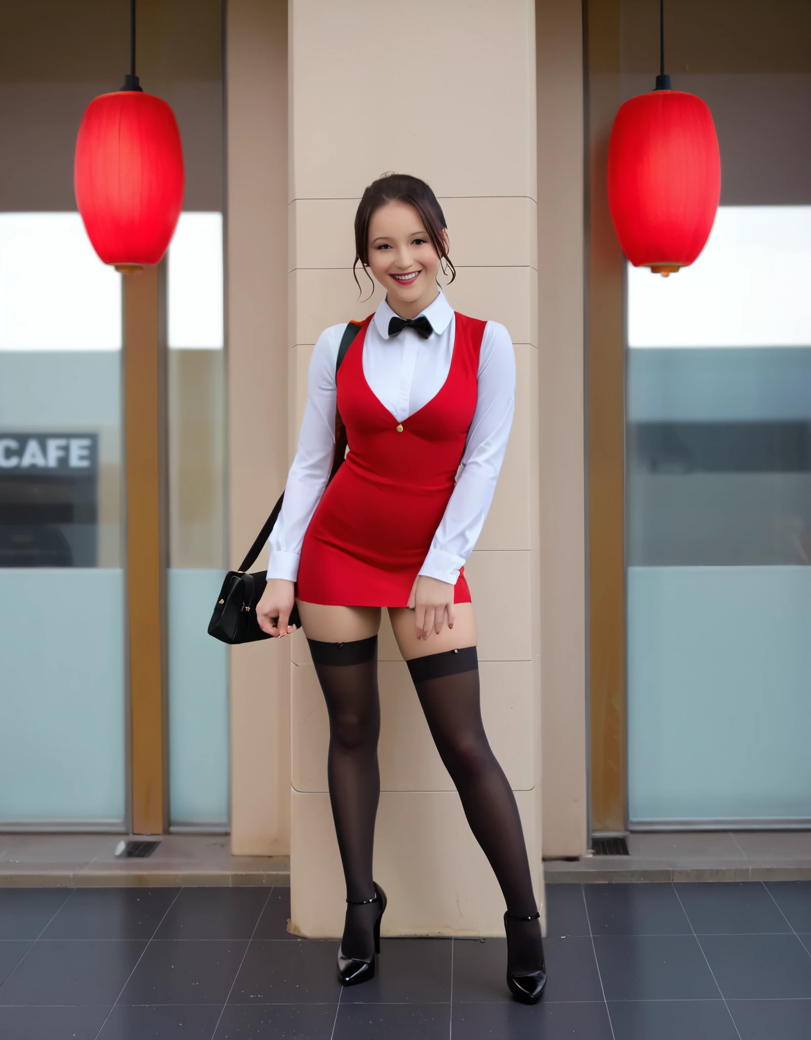 cinematic photo a portrait of a ((ohwx girl)) in a modern city cafe, wearing stockings, black high heels and a tight fitting dress, smiling, happy. 35mm photograph, professional, 4k, highly detailed