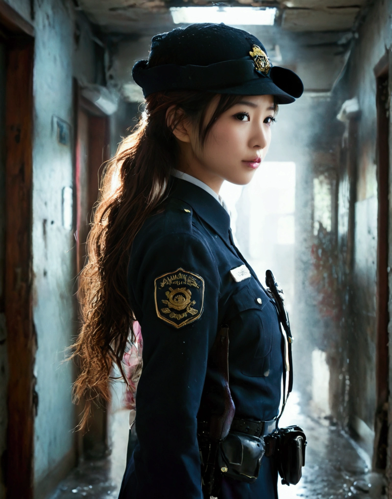 ((( Full body ))) a beautiful japanese wearing traditional Japanese police uniform, woman police officer, 1girl, detailed face and eyes, long flowing hair, dimly lit hallway, standing position, side arm drawn and pointed downrange, dust and debris falling, ominous dark figure lurking in background, (best quality,8k,highres,masterpiece:1.2),ultra-detailed,(realistic,photorealistic,photo-realistic:1.37),dramatic lighting,moody atmosphere,cinematic composition,dark and gritty,atmospheric,detailed textures,strong shadows