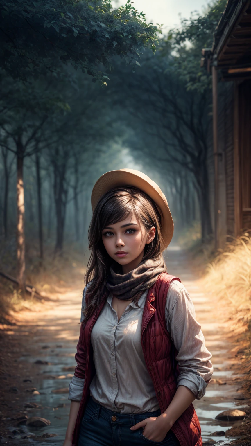 A beautiful woman in a muddy farm, cowboy hat, fringed vest, pants, scarf, confidence, medium bust, intricate details, hyper realistic, photorealistic, 8k, high quality, cinematic lighting, dramatic colors, vibrant, warm tones, natural environment, earthy palette, picturesque rural scene, masterpiece