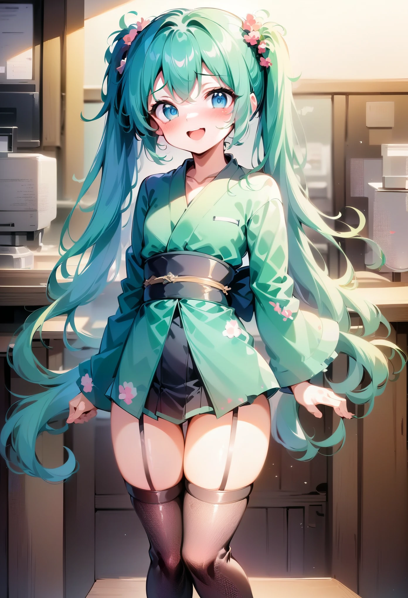 (Hatsune Miku)、(masterpiece,Best Quality,Ultra-high resolution),(((Very beautiful 2 woman))),(Cute long-sleeved kimono、Very undressed、Fine morning glory floral pattern、pink、white)、(Beautiful thighs exposed)、Cleavage、Black slutty fishnet stockings、Anime face、masterpiece, Best Quality, Best Quality, 16k, Very detailed, AI-generated, Delicate and dynamic, Very delicate facial expression, Delicate eye depiction,Big eyes、Slanted Eyes:1.8、 Healthy Body, Height: 160cm, Cute small breasts:0.6、blush, （（Anatomically correct body））、（Watch the viewers closely）、（Focus on the face）、Full body view、Blue Eyes、Very smiling and happy expression、The highlights in your eyes are sparkling、Inside a Japanese-style coffee shop、A slightly dim interior