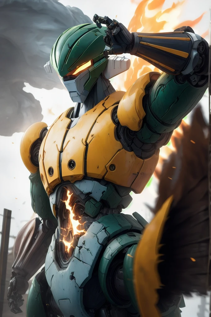 masterpiece, best quality,ultra detail, robot,koutetsujeeg,dynamic pose,destroyed town,flame effect,stretch arms for viewer,upper body,dutch angle,robot horse