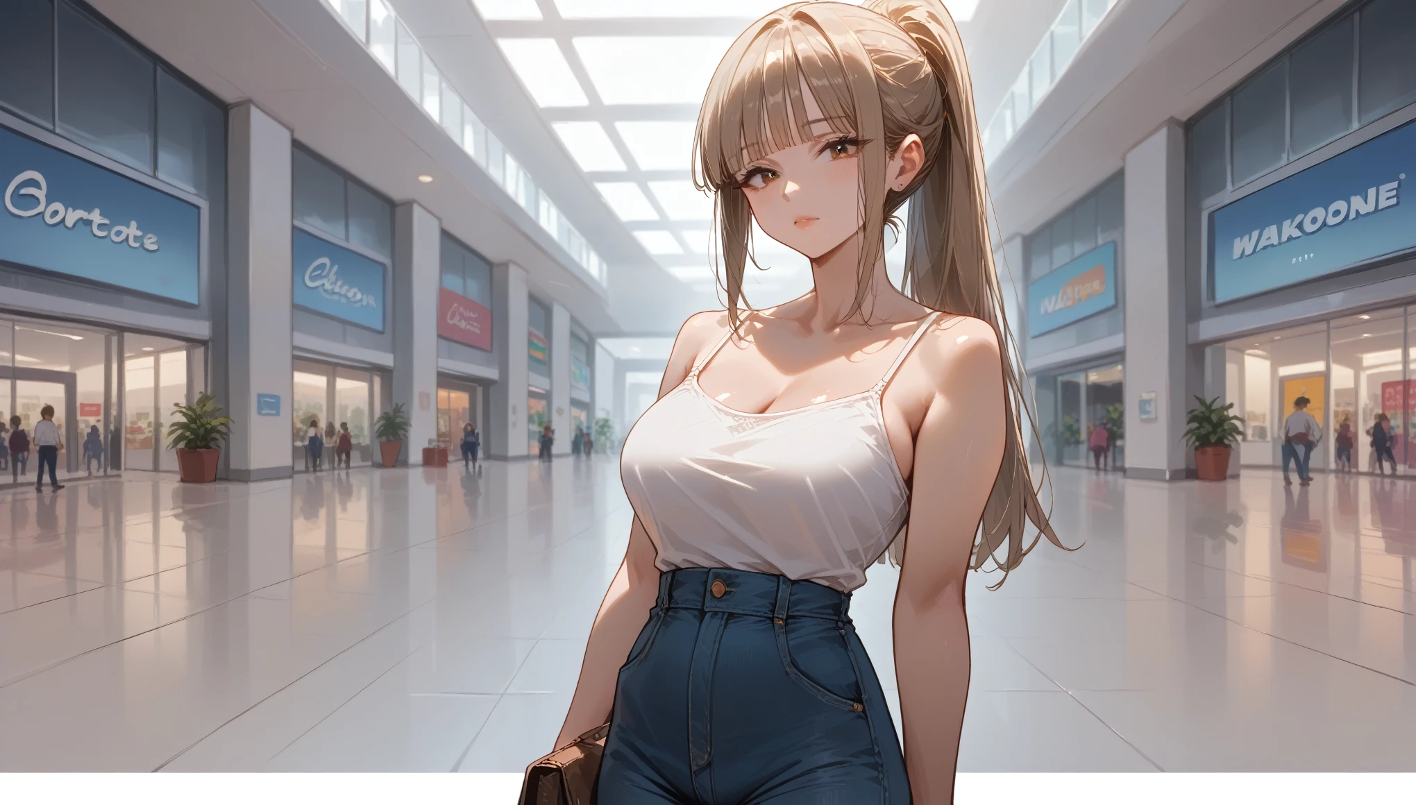 score_9, score_8_up, score_7_up, score_6_up,masterpiece, best quality, intricate details, 1girl, solo, mature female,light brown hair,blunt bangs, high ponytail, upper body, (large, curvy breasts), slim waist, fair skin, slender body, white camisole, jeans, high heels, inside of a mall,