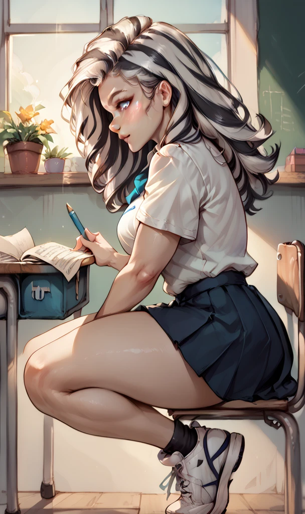 human female, long fluffy hair, zebra hair, medium breasts, attractive, (student uniform, white sneakers), shapely body, large thighs, large, freckles, freckles on face, blue eyes, (expression of concentration), she is in the classroom, sitting and writing in a notebook, (side view),