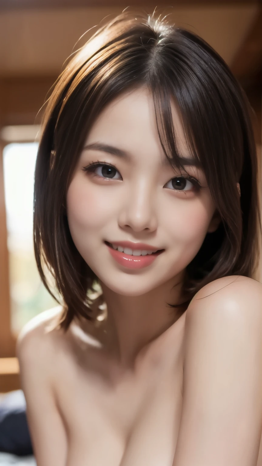 8k、Best Quality、(masterpiece:1.2)、(Real)、(Real:1.37)、Ultra-high resolution、One female college student、Droopy eyes、Beautiful teeth alignment、smile、Well-formed fingers、bedroom、(((nude)))、Big Breasts、Perfect Body、Perfect Fingers、Beautiful Skin、Professional Lighting、gravure、Detailed face and skin texture、Fine particles、RAW Photos