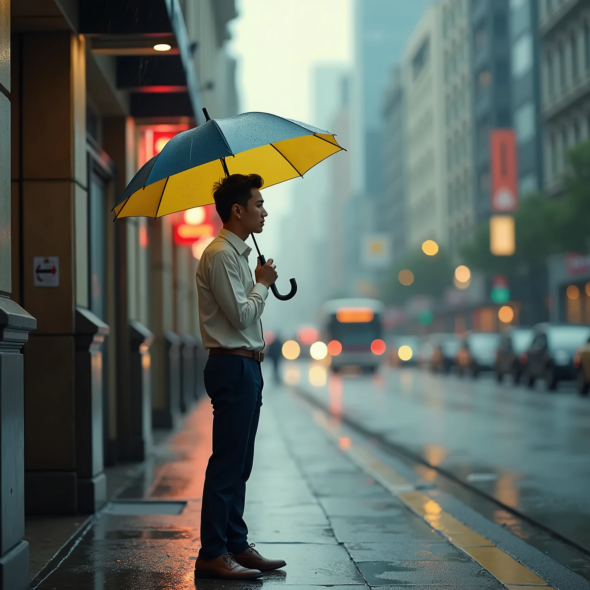 asian man holding cup on the flood street in rainy day top view ,real photography , outdoor , natural soft light on rainy day , muted , calm mood , over head view , super details 8k