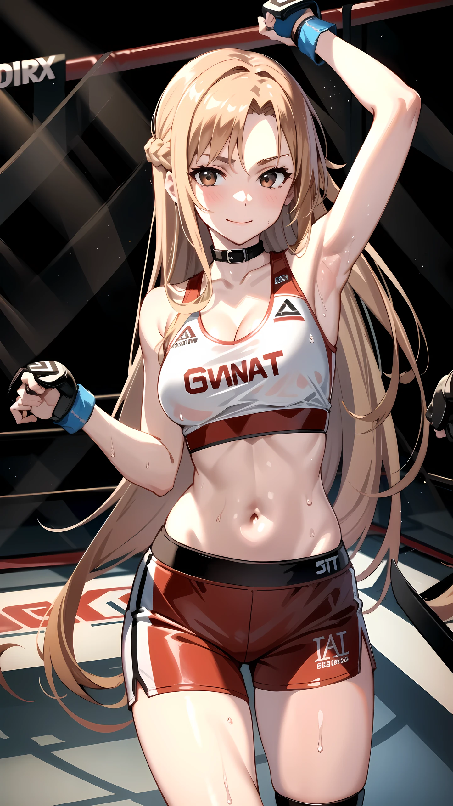 tall body, tall, long legs, mature female, mature, adult, Eft_sao_asuna, 1girl, long hair, asuna (sao), brown hair, brown eyes, solo, looking at viewer, bare shoulders, very long hair,medium breast, ,Ultra HD, Detailed eyes, Detailed face, (wearing MMA uniform:1.5, thigh, cleavage, Vertically centered),(on MMA Arena :1.5), (fighting stance, duel),Toned stomach,cowboy shot, smirking, wet body,