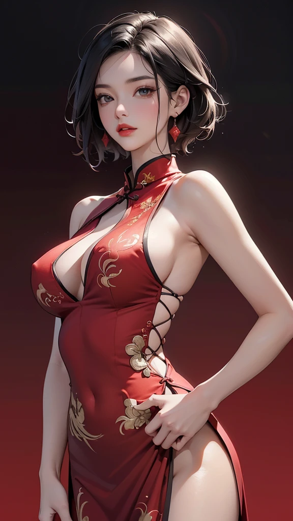 1 girl, ((china dress), crimson red , silk:1.2 , be embroidered with golden intricate dragon patterns ) (short hair:1.1), (Put your hands on your hip:1.1, perfect anatomy ), ((best quality)),absurdres ,(Ultra-high resolution),(photorealistic:1.2, Tyndall effect, Realistic, Dark studio, Rim Light, Two-tone lighting, the best Rendering, (outstanding beautiful face:1.2), (8k, 4k, masterpiece), (extremely detailed skin texture), movie lighting, wallpaper, (beautiful eyes:1.2),(outstanding sexy proportion),(Lovely),(permanent),(Black hair),black eyes, red lips, (china town background, outdoor),