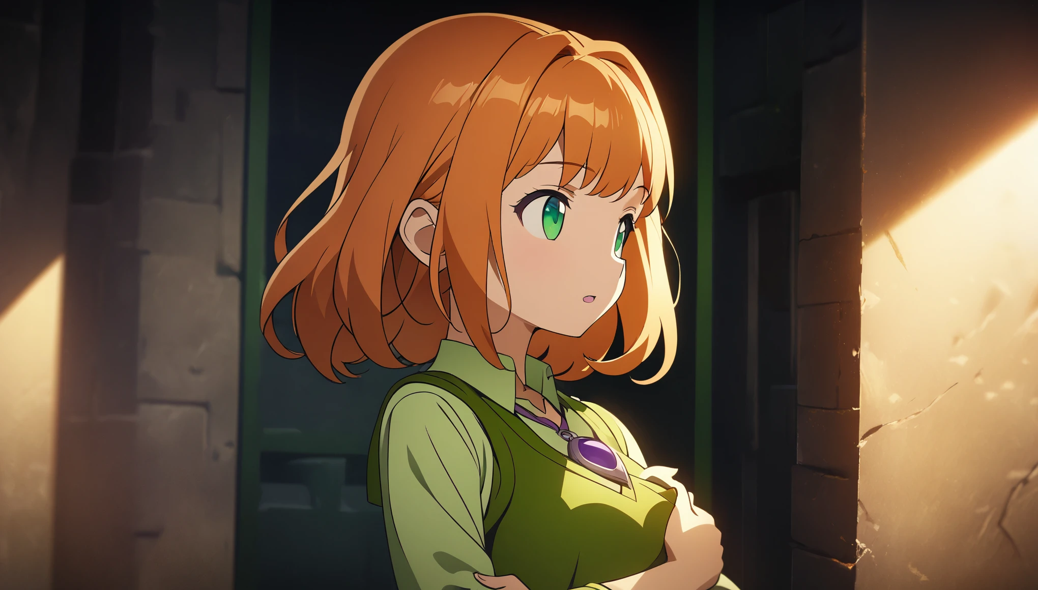 1girl, green eyes, purple pendant, orange hair, medium hair +++ yellow pantyhose, green dress, lightgreen shirt, green boots Hiding face with arm, looking to the side, extremely quality extremely detailed, illustration, cute anime face cinematic lighting, portrait practical, Center of chest, 4K resolution, High quality CG, Beautiful CG, Soft Light, Octane Rendering