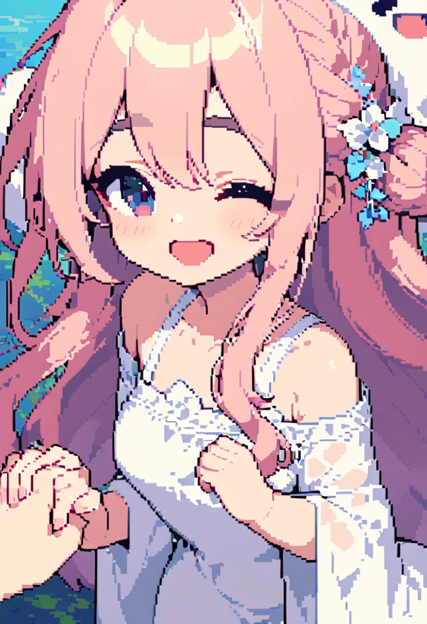 (masterpieceThe best quality:1.3, 16k, Beautiful and exquisite, Pixel Art:0.6, Vivid, woman, 若いwoman, smile, Close your eyes, cute, Open your mouth, Fluffy hair like a cloud, Long Hair, Pink Hair, eyebrow, 太いeyebrow, Covered in white cloth and pretending to be a ghost:1.5, ガオーとOpen your mouth、Holding hands:1.3)