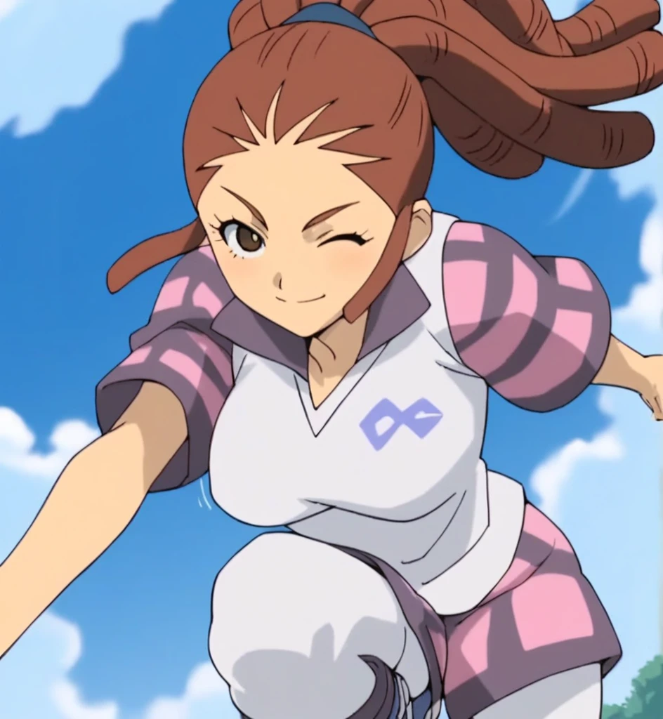 Score_9, Score_8_Superior, Score_7_Superior, Score_6_Superior, Score_5_Superior, Score_4_Superior, sauce_anime, One Girl, Reika Mido, Dreadlocks, Long Hair, High Ponytail, Brown eyes, stop temporarily, smile,Big Breasts,Breast shaking,Wink,lure,Venus flytrap,Sexy pose,sex appeal,