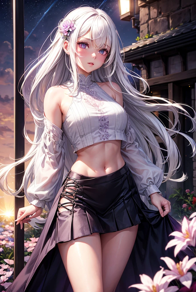 masterpiece, high quality, best quality, beautiful, HD, Perfect lighting, Delicate face, Detailed body, 1 girl, Solitary, (long gray hair), Brown eyes, Medium breasts, ((white underwear)), ((Gray skirt)), (Gray Hat), In front of the café,