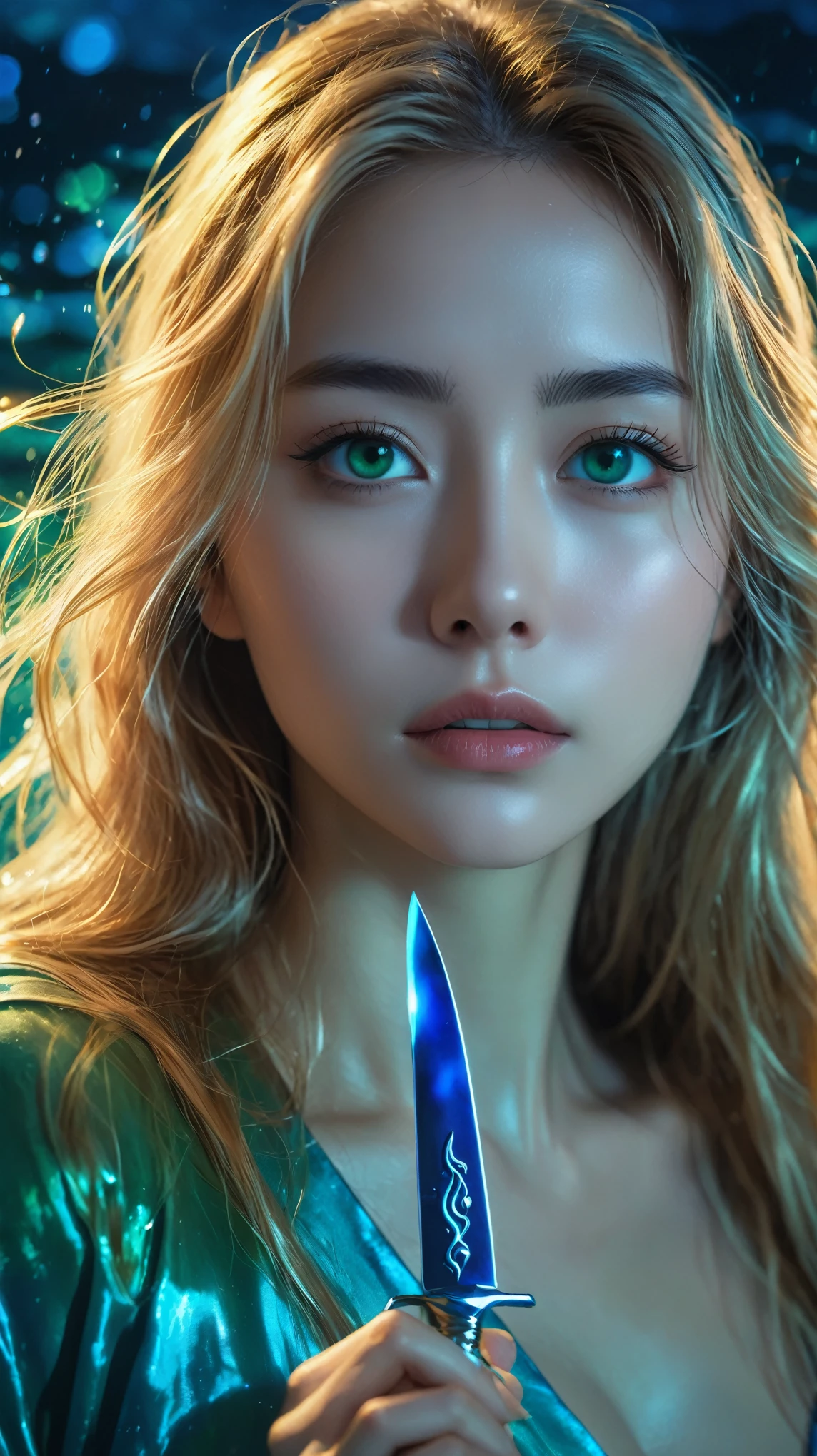 A stunning super power woman in a stunning heaven, at night, in blue water background completely, blur eyes, long golden hair and sorounding lots of blue water, a silver knife in her hand which is shine by a green light, stunning picture, ultra HD quality, 3rd dimantion style, in anime style