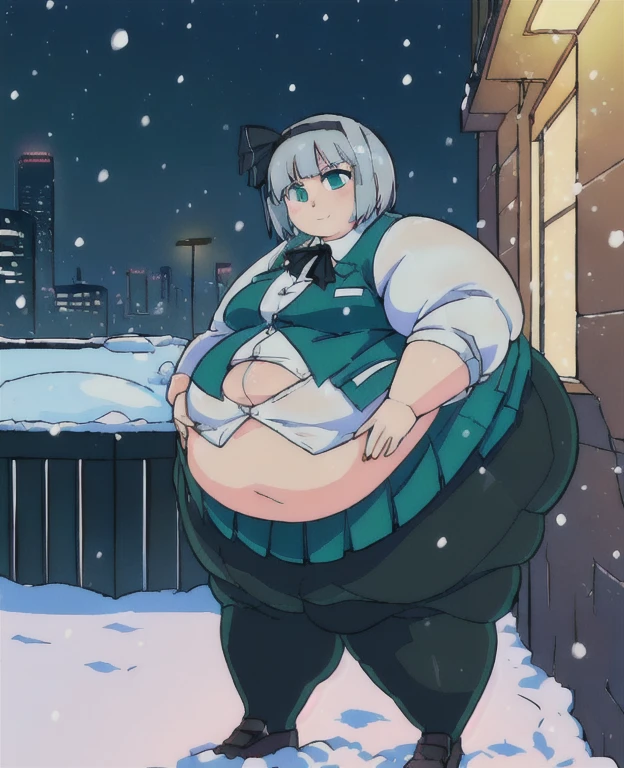 ((best quality, 4k, 8k, anime girl, masterpiece)), ((((beautiful extremely detailed face, beautiful eyes)))), glowing eyes, cinematic lighting, perfect anatomy, ((youmu konpaku)), (((chubby, SSBBW, very obese, extremely wide waist))), (((green vest, blazer, skirt, striped tights, totaly fitting clothes, oversized clothes))), (full body view), ((gray/silver hair, glowing hair, black headband)), (((very wide waist))), (((fully clothed, fully concealed belly))), ((city lights, snow)), ((thick outlines, anime style, vibrant colours)), slight smile, ((low camera angle)),