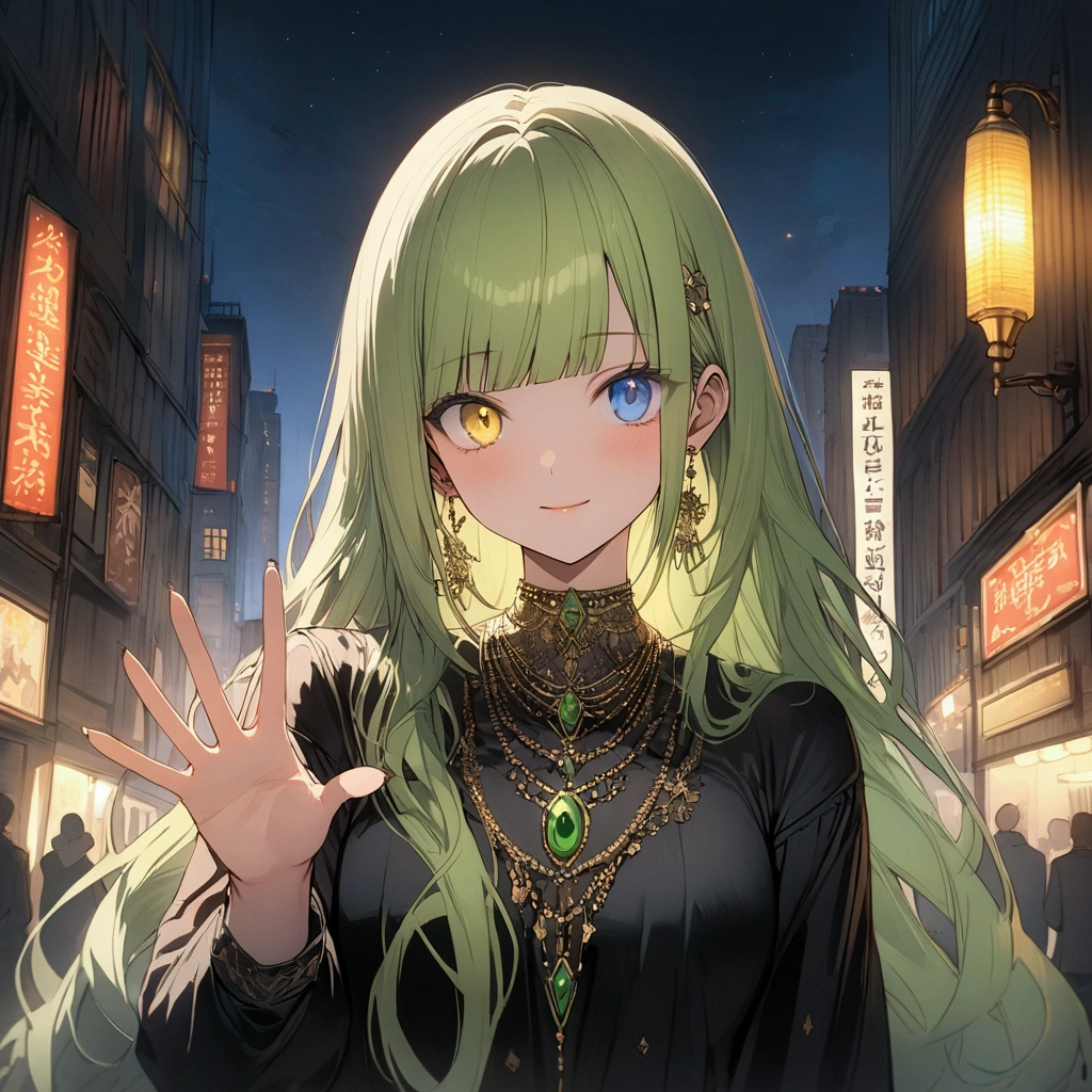 (((anime))) One Woman,Gal,Long Hair,(Green Hair),Diagonal bangs,blackのヘッドバンドイヤリング,necklace,(Green Gem),Jeweled collar,The reflection of light from the jewels is cool,With arms outstretched,10 Hand Signs,Look here,Heterochromia iridis,blue eyes,(Yellow Eyes),Big eyes One shoulder dress,Volume sleeves,(black),Jade Letters,Green Knight,Night City,signboard,Street lamp light,Backlight,masterpiece of the highest quality,Exquisite,8k,Absurd,Ultra-detailed illustrations,(View your audience)