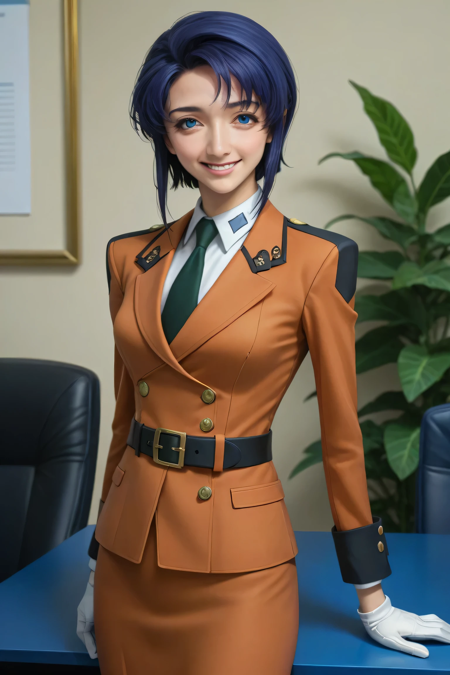score_9, score_8_up, score_7_up, score_6_up, score_5_up, score_4_up, source_anime, digital illustration, pixiv, fanbox, uncensored, , BREAK, official art,
1girl, solo, female, cecile croomy, blue hair, blue eyes, short hair, long sidelocks,
uniform, military uniform, shirt, necktie, fully clothed, skirt, belt, pantyhose,cowboy shot, colorful, vivid, high heels, white gloves, cufflinks, beautiful woman, smile, formal pose, excellent posture, realistic, office