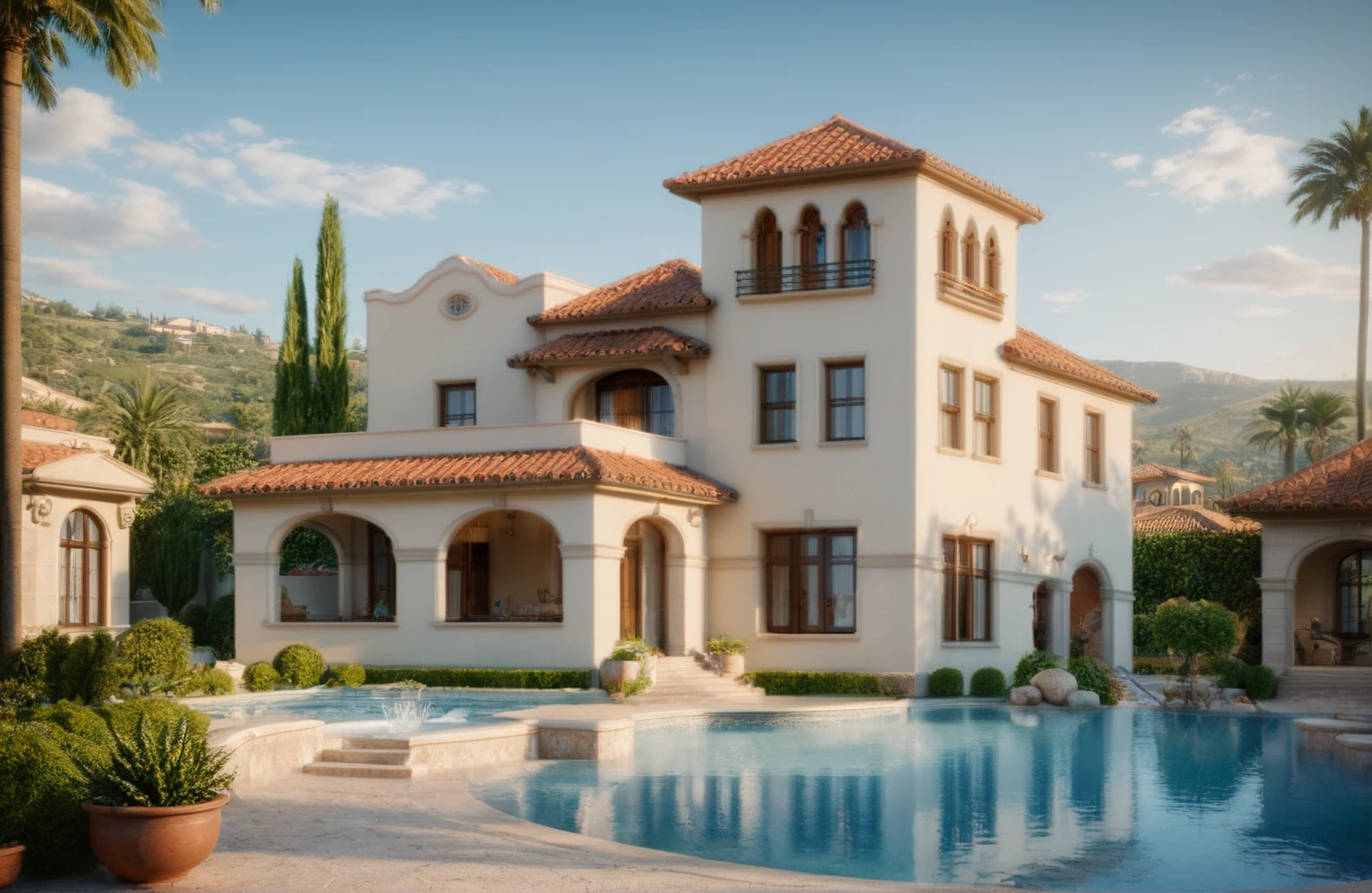 [Grand Mediterranean-style villa, family standing on balcony overlooking a fountain, serene and luxurious mood], [Architectural visualization, photorealistic rendering], [Reference style of Greg Rutkowski for architectural details and lighting], [Wide-angle lens, soft natural lighting with slight sun flare, warm color palette with terracotta roof tiles and off-white walls, smooth textures with subtle shadows, lush green landscaping, stone pathway, clear blue sky background, high-resolution rendering, depth of field focusing on the villa]