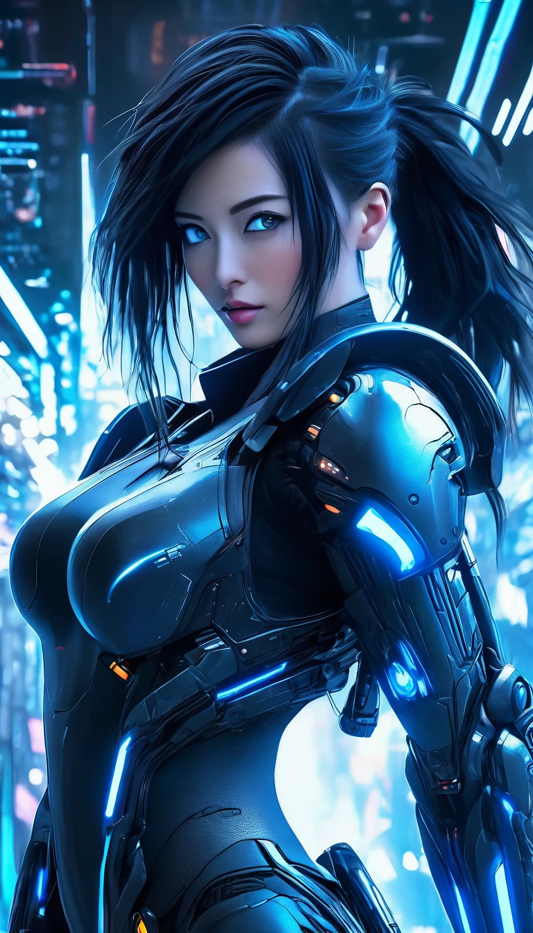 Best image quality, Great details, 超High resolution, (realism: 1.4), Best illustrations, , high density，A woman wearing cyber armor, (((She has a beam rifle))), Cyberpunk Android，Full body photo, Superior quality through precise drawings, 8k,Sparkling blue eyes,  High resolution, 超High resolution, Best Quality, Shortcuts, Cinematic blue lighting effect, 未来的な美しいBlack Hairの女性, Sparkling blue eyes, Cyberpunk style woman, (((High tech spaceship interior with blue light illumination))), High-quality images、Black Hair, Shortcuts, Large Breasts, Unreal Engine,