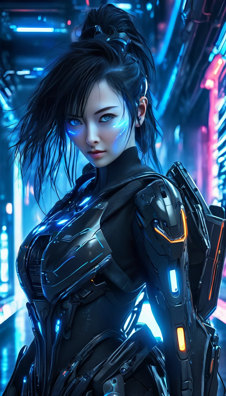 Best image quality, Great details, 超High resolution, (realism: 1.4), Best illustrations, , high density，A woman wearing cyber armor, (((She has a beam rifle))), Cyberpunk Android，Full body photo, Superior quality through precise drawings, 8k,Sparkling blue eyes,  High resolution, 超High resolution, Best Quality, Shortcuts, Cinematic blue lighting effect, 未来的な美しいBlack Hairの女性, Sparkling blue eyes, Cyberpunk style woman, (((High tech spaceship interior with blue light illumination))), High-quality images、Black Hair, Shortcuts, Large Breasts, Unreal Engine,