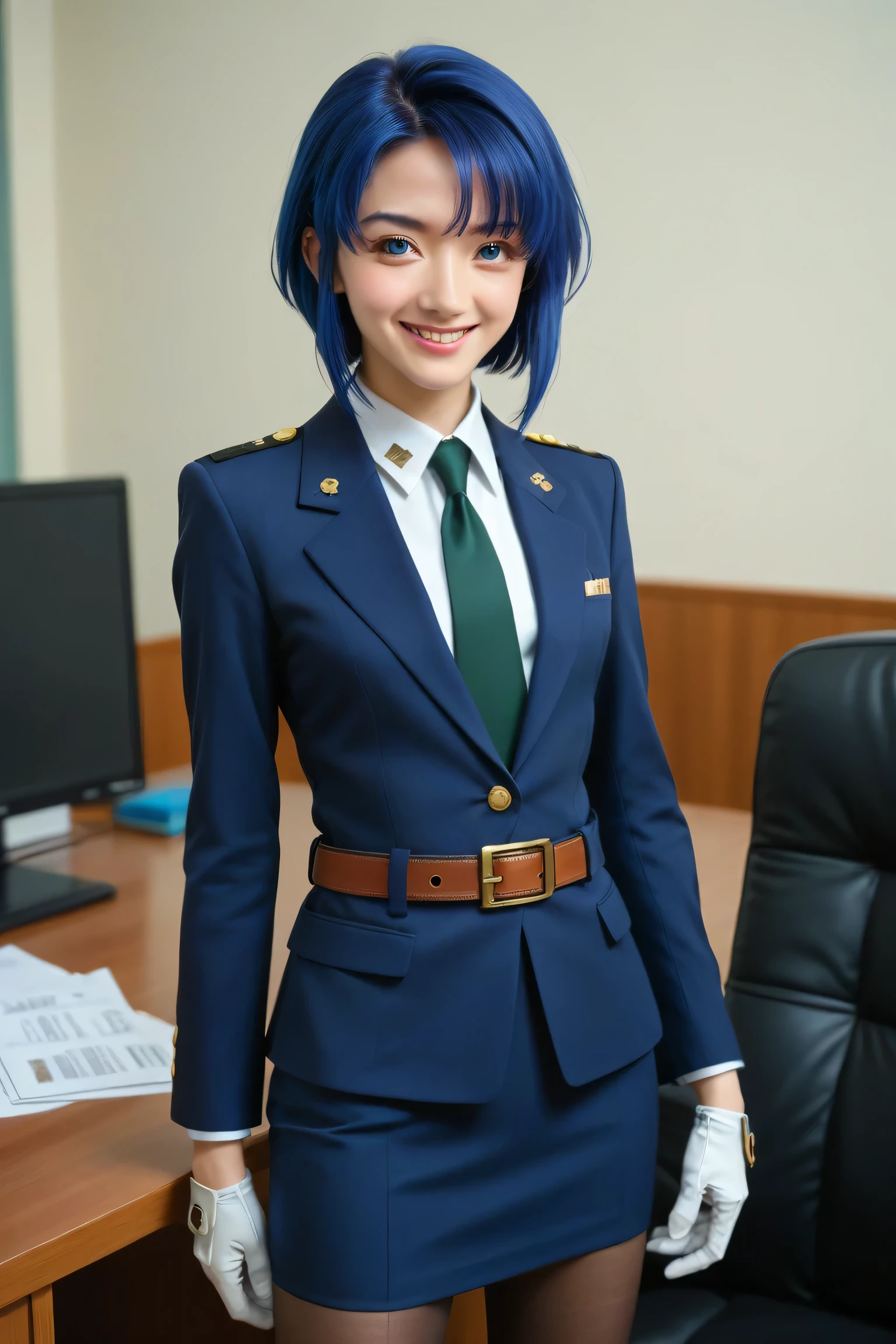 score_9, score_8_up, score_7_up, score_6_up, score_5_up, score_4_up, source_anime, digital illustration, pixiv, fanbox, uncensored, , BREAK, official art,
1girl, solo, female, cecile croomy, blue hair, blue eyes, short hair, long sidelocks,
uniform, military uniform, shirt, necktie, blazer, fully clothed, skirt, belt, pantyhose,cowboy shot, colorful, vivid, high heels, white gloves, cufflinks, beautiful woman, smile, formal pose, excellent posture, realistic, office