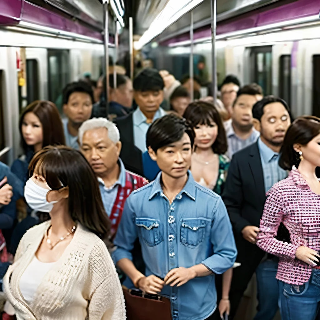 A crowded train with an adult figure standing up、A car full of adult figures, all standing.、Vehicles without seats