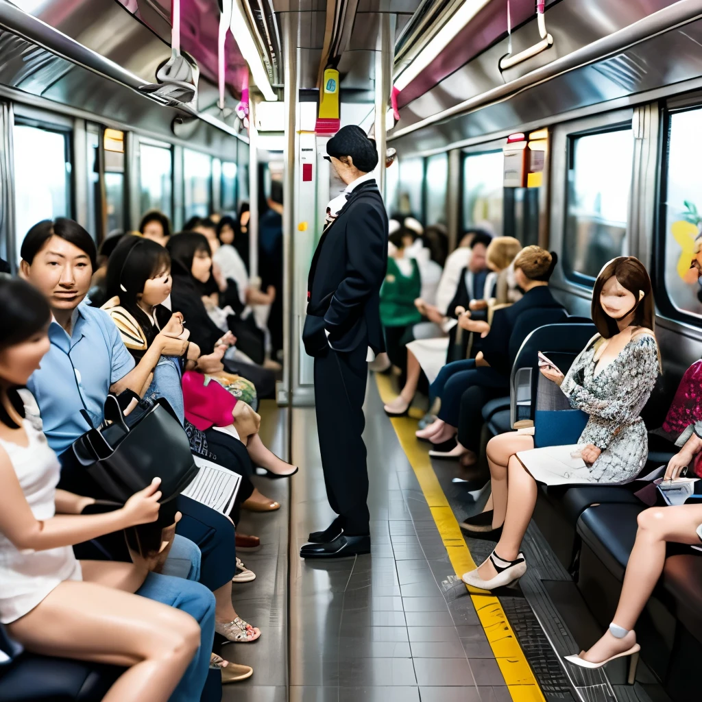 A crowded train with an adult figure standing up、A car full of standing adult figures、Vehicles without seats