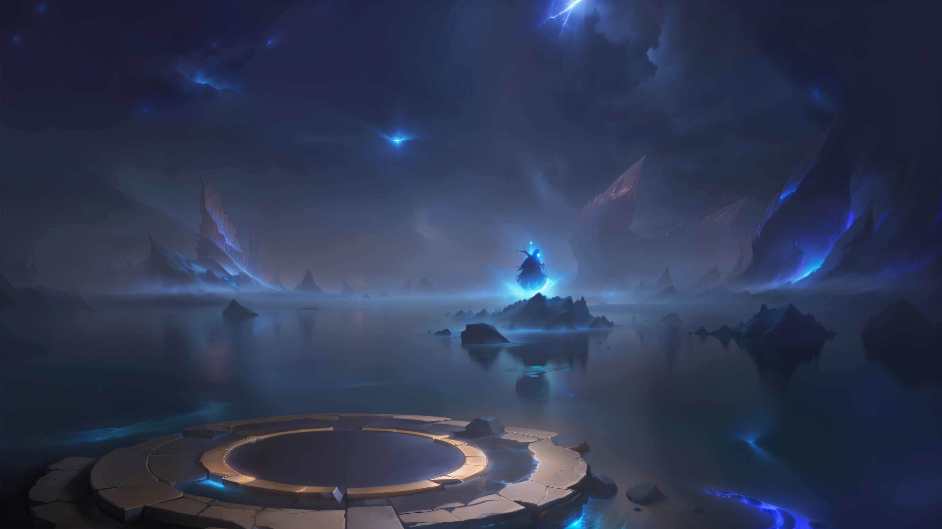 There is a magical pedestal in the middle of the ocean, Moonlight starry sky background，League of Legends Promotion，Game Promotion，Diablo concept art，Realistic dark concept art，4K