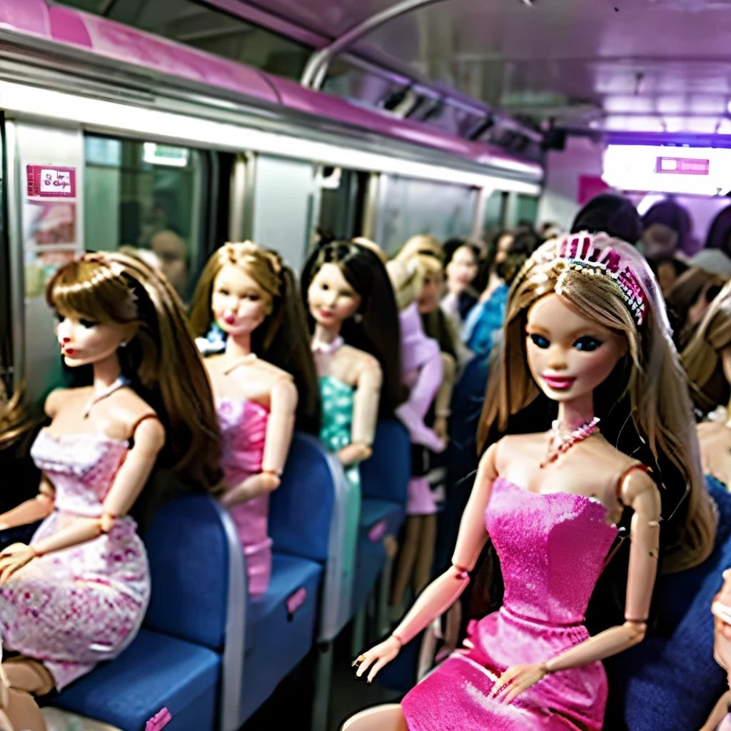 A crowded train full of standing Barbie dolls、Occupancy rate 150％、