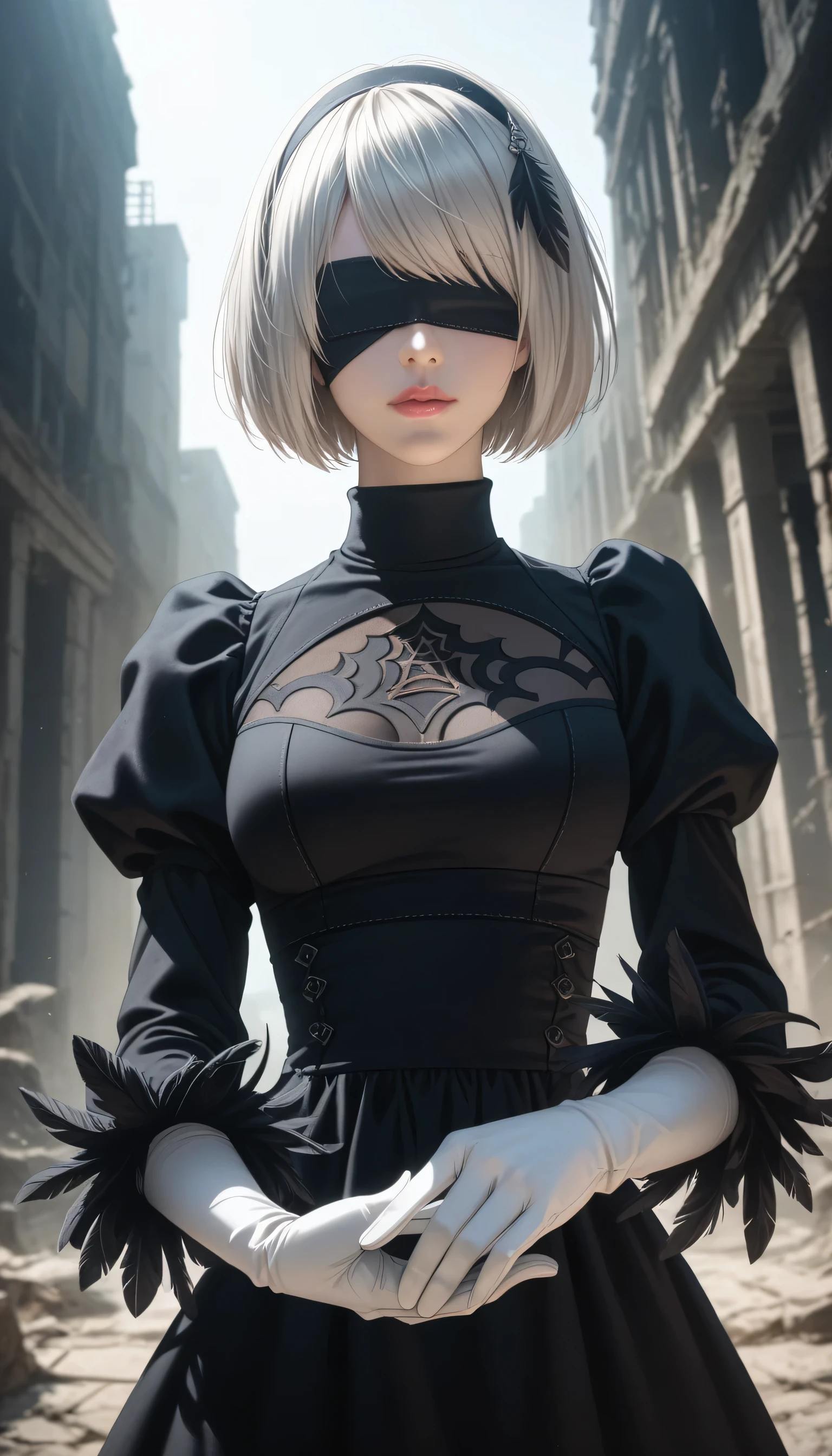 score_9, score_8_up, score_7_up, 32k,masterpiece, highest quality, photo realistic, vibrant colors, chiaroscuro lighting, cinematic lighting,
2B Nier Automata, 
bob cut, gray hair, bangs, blindfold, pink lips,
black goth dress, long sleeve, Juliet sleeve, white gloves, turtleneck, feather ornament, feather ornament sleeves,
ruins, a ruined world, a devastated battlefield, picturesque, beautiful scenery, fantastic night sky
seductive pose, cinematic angle,