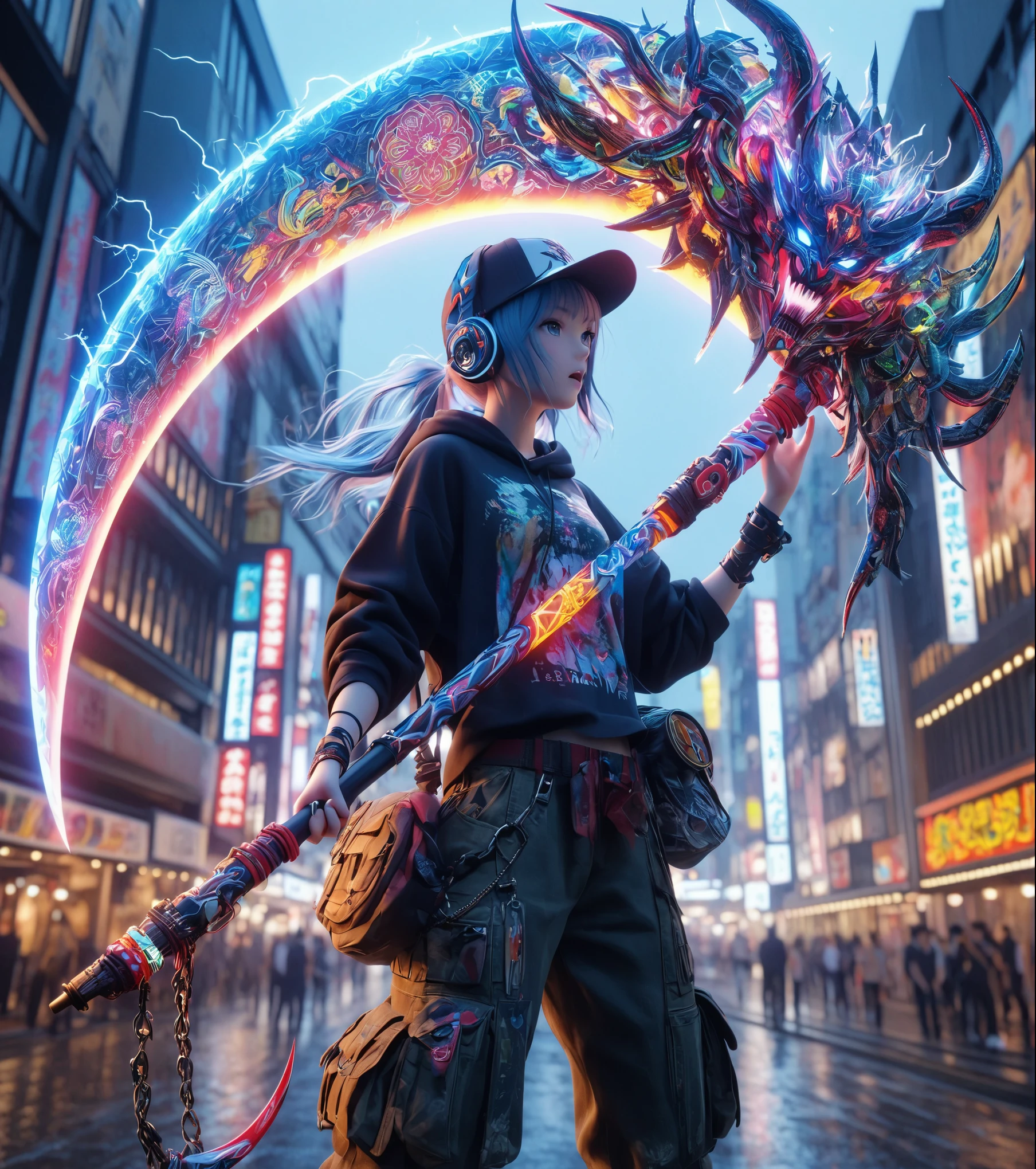 (Best masterpiece: 1.2), CG, 3D, Demon Samurai Girl. She holds a large glowing scythe decorated with a colorful and intricate pattern resembling a mandala, covered in neon lights and intense lightning effects. The sickle has a detailed pattern. He is wearing a baseball cap, a baggy T-shirt, and cargo pants.The background is the realistic Dotonbori cityscape of Osaka, the depth of field, the blurred photo, and the dynamic pose.